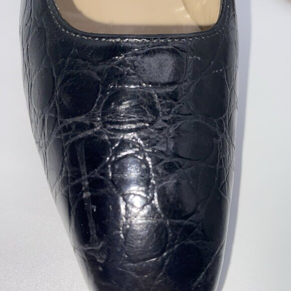 Salvatore Ferragamo Black Leather Croc Print Low Block Heel Slip-On 7.5AA Shoes - Picture 9 of 16